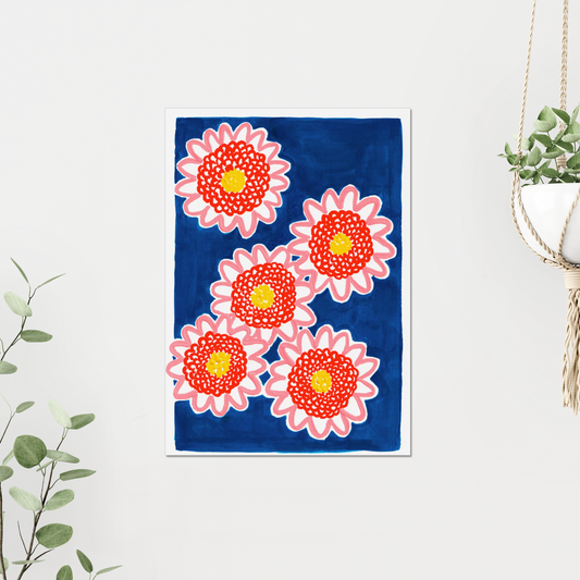Chrysanthemum birth month flower art print for November, featuring bold hand-painted floral details in vibrant pink and blue hues. A perfect botanical wall art piece symbolizing joy, love, and longevity, ideal as a thoughtful gift or elegant home decor.