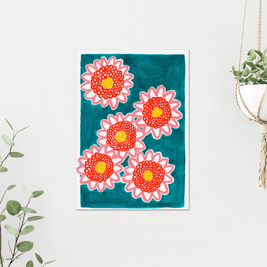 November birth month flower art print featuring Chrysanthemum, on green, showcasing vibrant hand-painted floral details in refreshing pink and green hues. A unique botanical art piece symbolizing joy and longevity, perfect for personalized gifts or modern home decor.