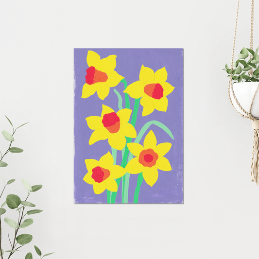 Daffodil birth month flower art print for March, showcasing vibrant daffodils on a bright purple background. A symbol of luck, prosperity, and new beginnings, this botanical print brings a cheerful touch to your home decor.