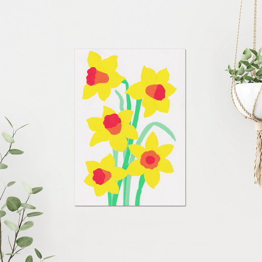Daffodil birth month flower art print for March, featuring bright, cheerful daffodils on a clean white background. Symbolizing rebirth, luck, and prosperity, this botanical wall art adds a burst of happiness to any room.