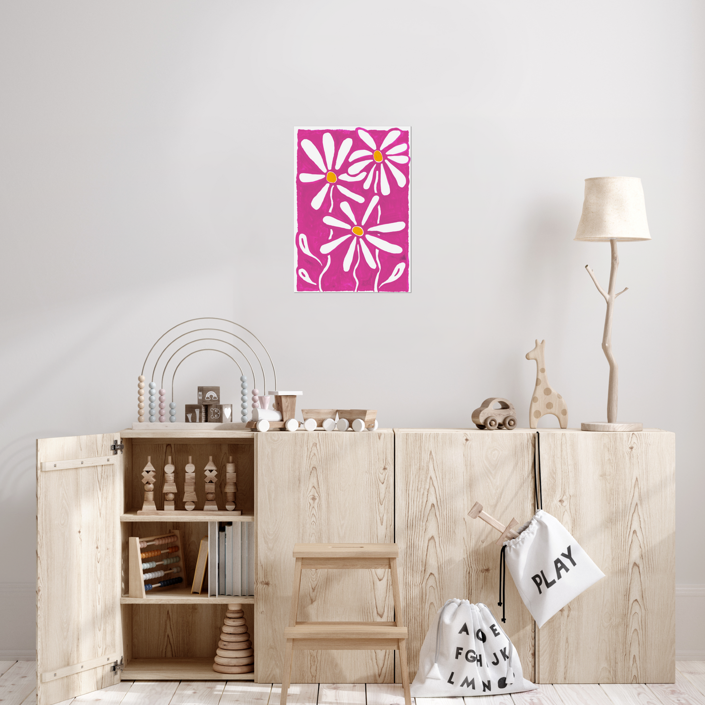Daisy birth month flower art print for April, showcasing cheerful daisies on a vibrant pink background. A symbol of purity and fresh starts, this floral print brings a joyful, vibrant touch to your home decor.