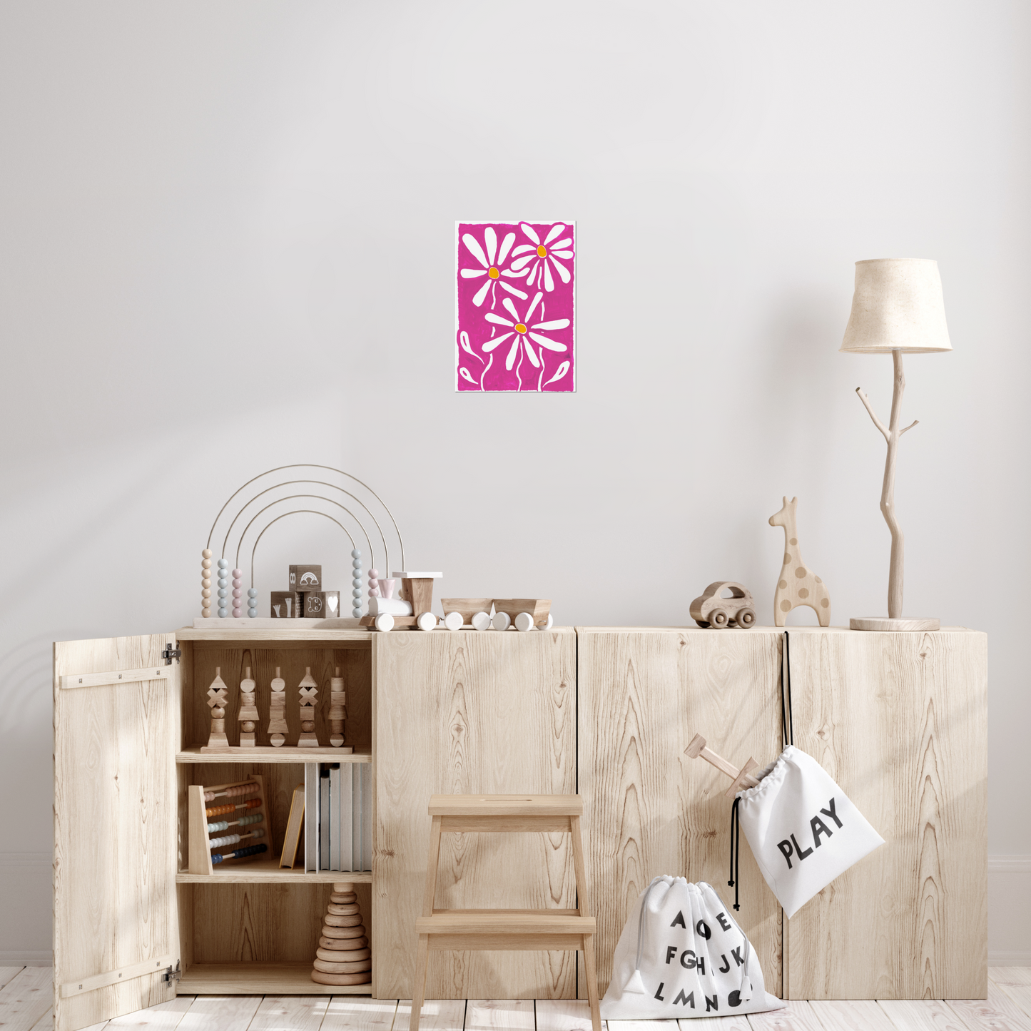 Daisy birth month flower art print for April, showcasing cheerful daisies on a vibrant pink background. A symbol of purity and fresh starts, this floral print brings a joyful, vibrant touch to your home decor.