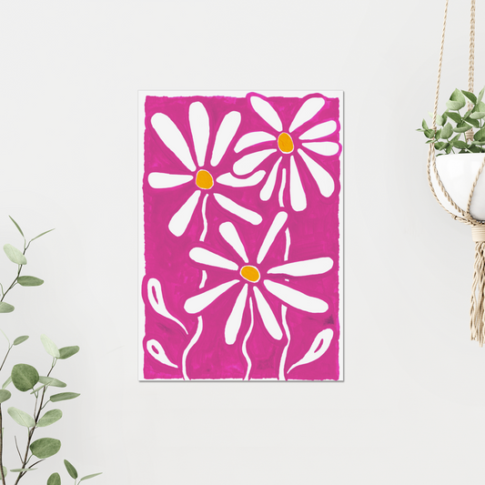 Daisy birth month flower art print for April, showcasing cheerful daisies on a vibrant pink background. A symbol of purity and fresh starts, this floral print brings a joyful, vibrant touch to your home decor.
