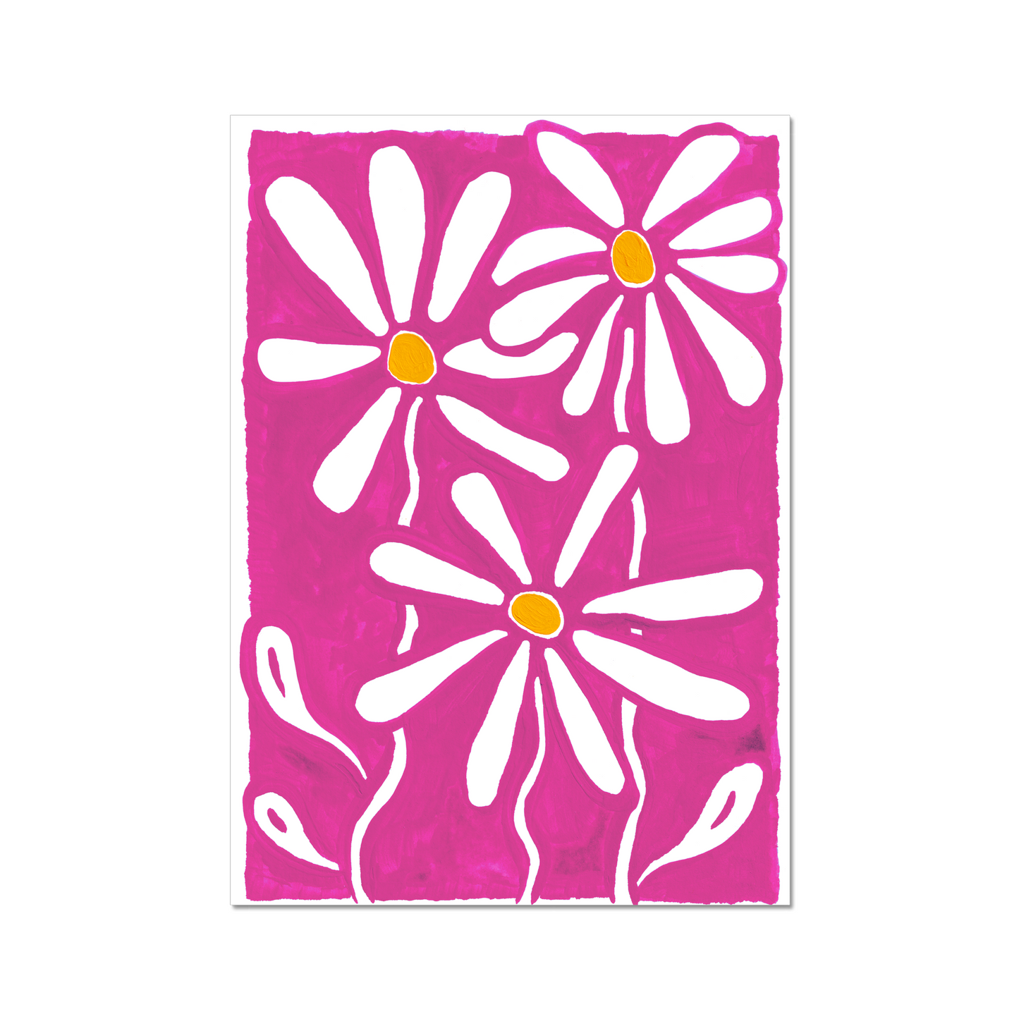 Daisy birth month flower art print for April, showcasing cheerful daisies on a vibrant pink background. A symbol of purity and fresh starts, this floral print brings a joyful, vibrant touch to your home decor.