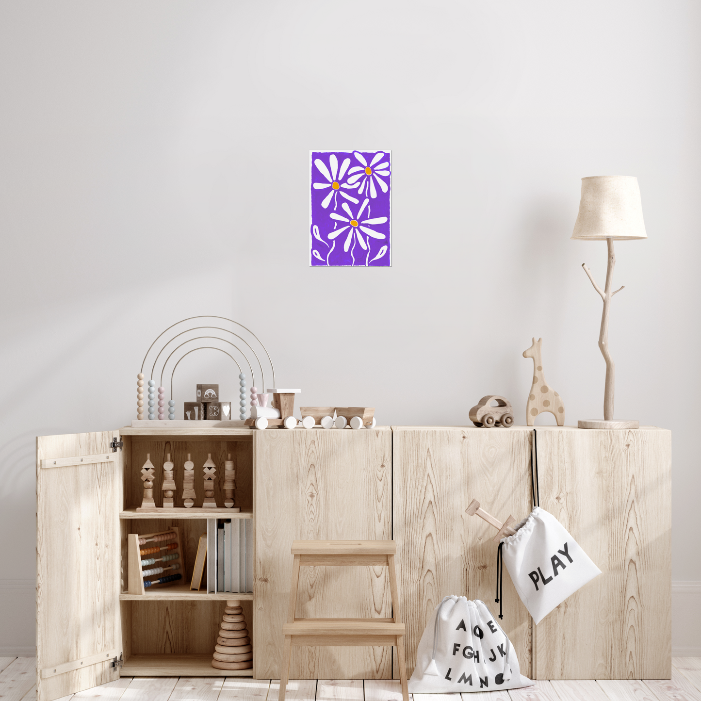 Daisy birth month flower art print for April, with delicate daisies set against a rich purple background. Representing innocence and new beginnings, this botanical wall art adds a charming and colorful accent to any space.