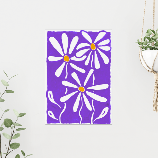 Daisy birth month flower art print for April, with delicate daisies set against a rich purple background. Representing innocence and new beginnings, this botanical wall art adds a charming and colorful accent to any space.