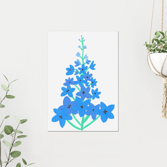 Larkspur birth month flower art print for July, featuring soft, hand-painted larkspur flowers. Symbolizing love and strength, this delicate botanical print adds a touch of elegance and positivity to your home decor.