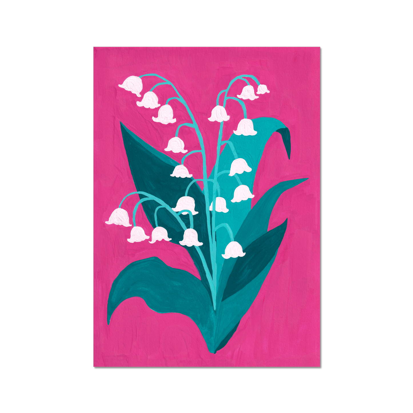 Lily of the Valley birth month flower art print for May, featuring delicate white blooms against a bold pink background with lush greenery. Symbolizing humility and renewal, this botanical print adds elegance and charm to any space.