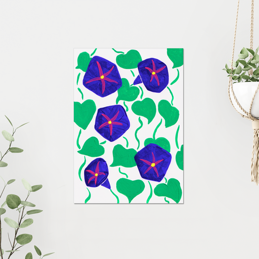 Morning Glory birth month flower art print for September, featuring vibrant purple and pink blooms symbolizing affection and resilience. This botanical wall art adds energy and charm to any room with its vivid colors and nature-inspired design.
