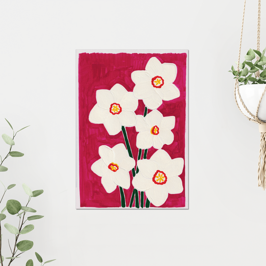Narcissus December birth month flower art print, featuring delicate Narcissus blooms symbolizing self-love and renewal. This botanical print adds a touch of elegance and meaning to any space with its soft design and vibrant colors.