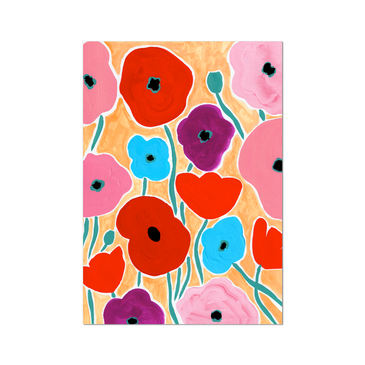 Poppy August birth month flower art print, showcasing vibrant poppy blooms symbolizing creativity and strength. This botanical print brings bold color and meaning to any space with its striking design and vivid hues.