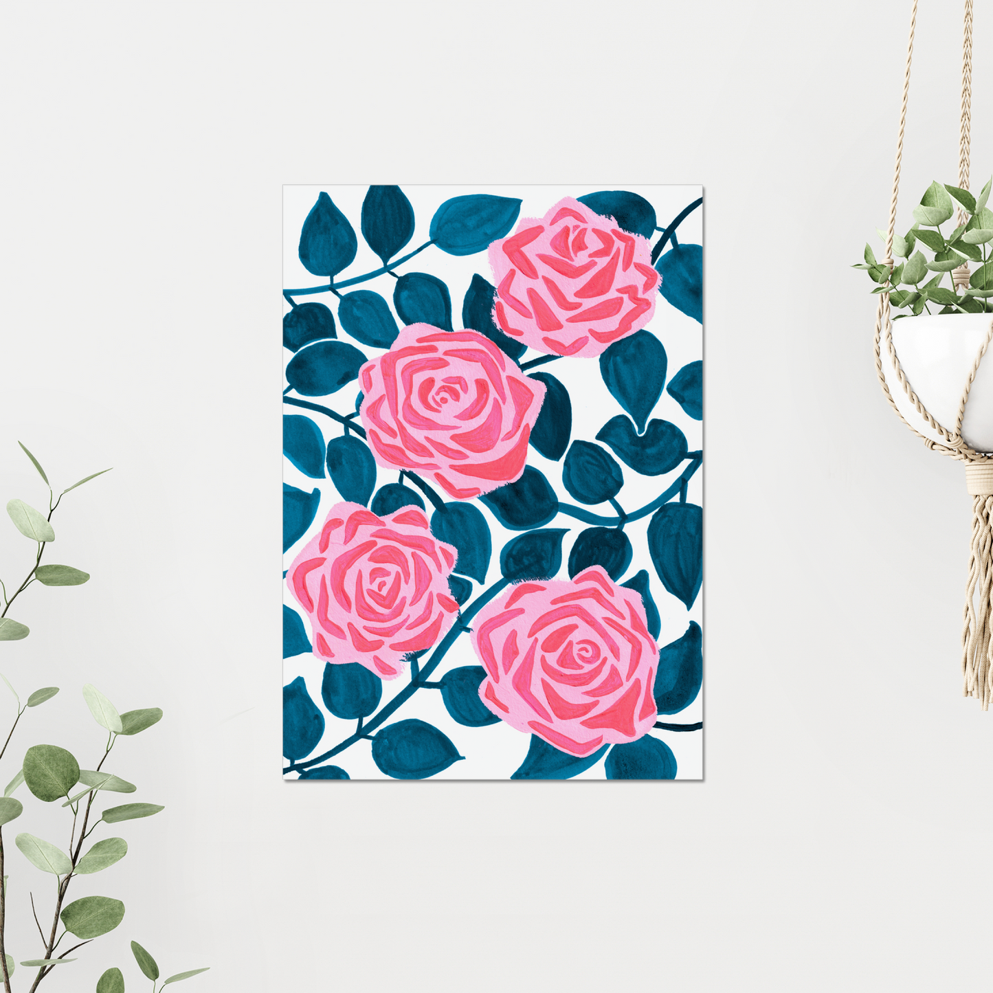 Rose June birth month flower art print, featuring elegant pink roses symbolizing love and beauty. This floral print adds a touch of timeless charm and meaning to any space with its botanical design and soft, vibrant pink and green colours.