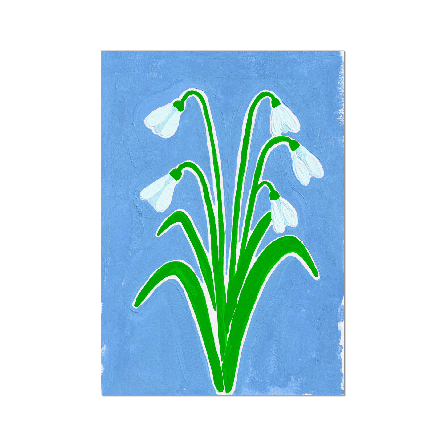 Snowdrop January birth month flower art print, featuring delicate Snowdrop blooms on a serene blue background. Symbolizing hope and purity, this botanical wall art adds elegance and meaning to any room.