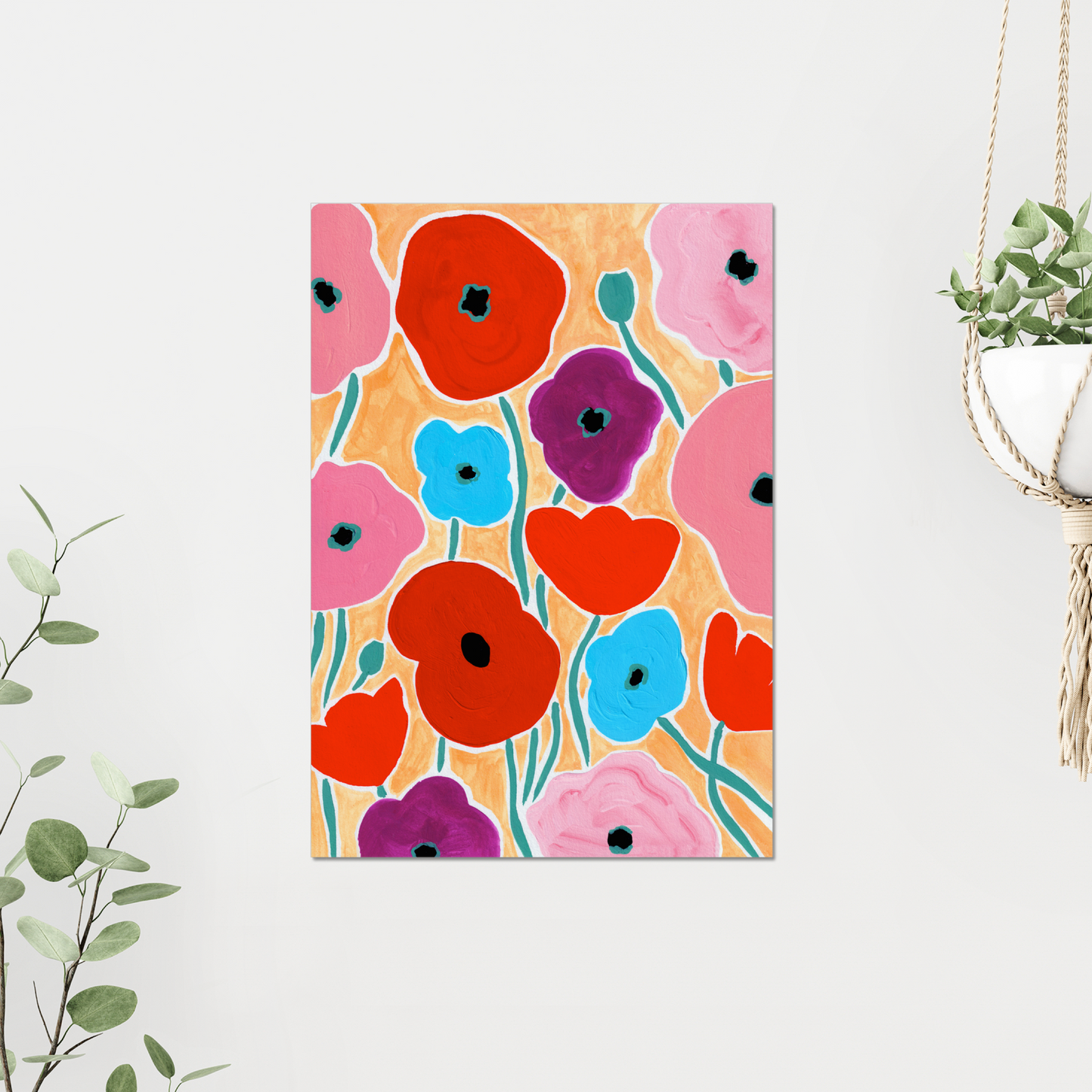 Poppy August birth month flower art print, showcasing vibrant poppy blooms symbolizing creativity and strength. This botanical print brings bold color and meaning to any space with its striking design and vivid hues.