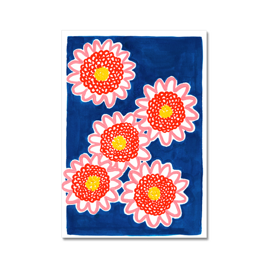 Chrysanthemum birth month flower art print on blue for November, featuring delicate hand-painted floral details in soft pinks with a bold blue background. Perfect as botanical wall art symbolizing joy and love, ideal for elegant home decor or a meaningful birthday gift.