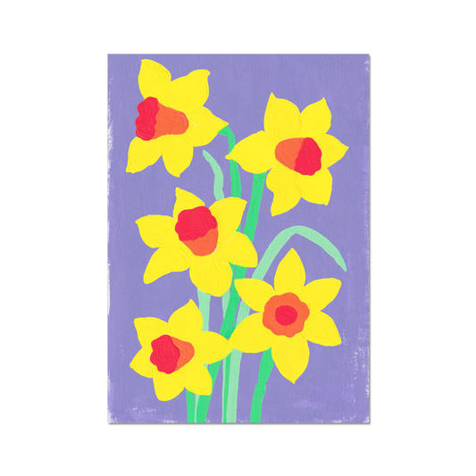 Daffodil birth month flower art print for March, showcasing vibrant daffodils on a bright purple background. A symbol of luck, prosperity, and new beginnings, this botanical print brings a cheerful touch to your home decor.