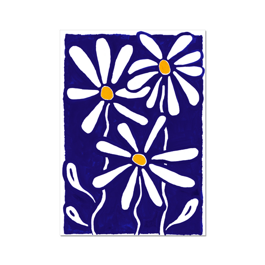 Daisy birth month flower art print for April, featuring bright white daisies on a navy blue background, with a pop of yellow. Tthis cheerful botanical print adds elegance and color to any room.