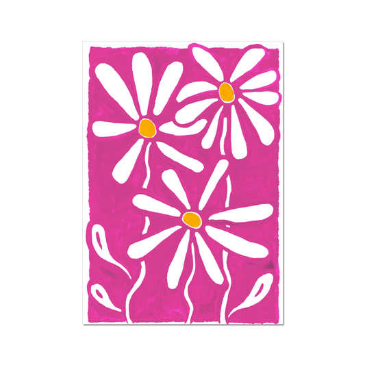 Daisy birth month flower art print for April, showcasing cheerful daisies on a vibrant pink background. A symbol of purity and fresh starts, this floral print brings a joyful, vibrant touch to your home decor.