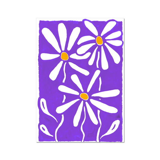 Daisy birth month flower art print for April, with delicate daisies set against a rich purple background. Representing innocence and new beginnings, this botanical wall art adds a charming and colorful accent to any space.