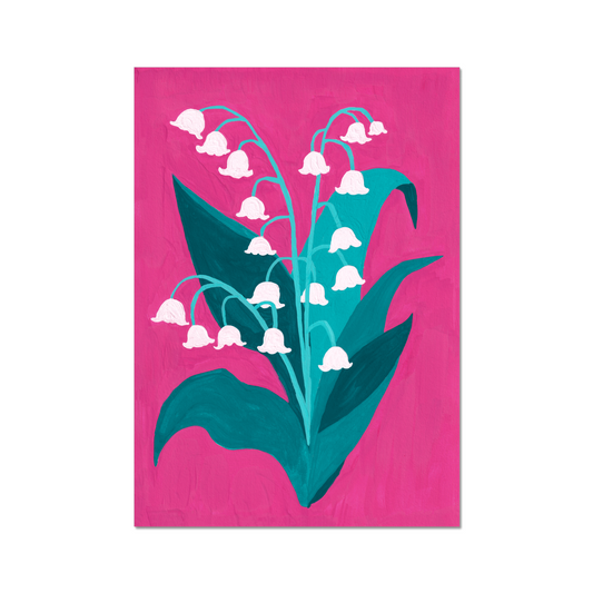 Lily of the Valley birth month flower art print for May, featuring delicate white blooms against a bold pink background with lush greenery. Symbolizing humility and renewal, this botanical print adds elegance and charm to any space. 