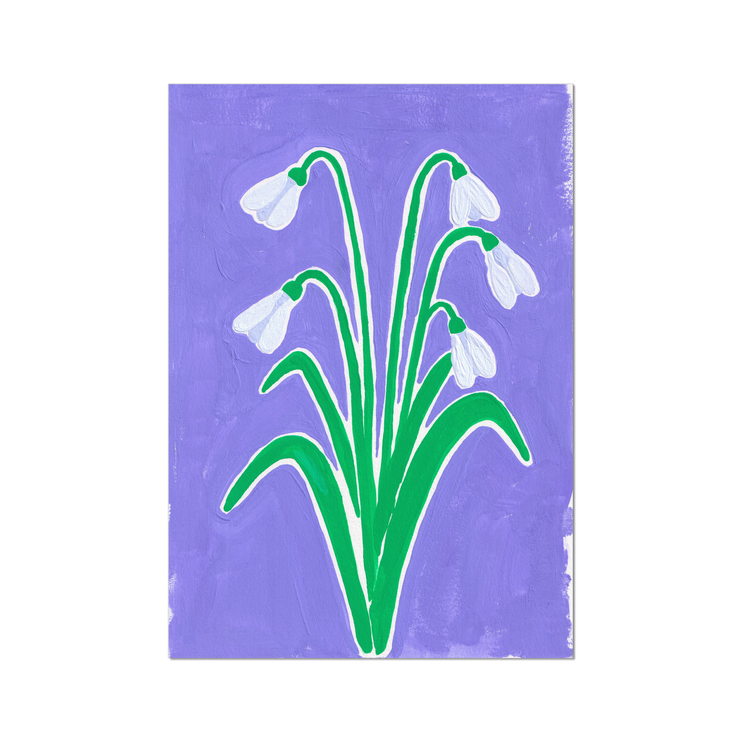 Snowdrop January birth month flower art print, showcasing intricate Snowdrop flowers on a vibrant purple background. A symbol of hope and renewal, this botanical print brings charm and freshness to your home decor.