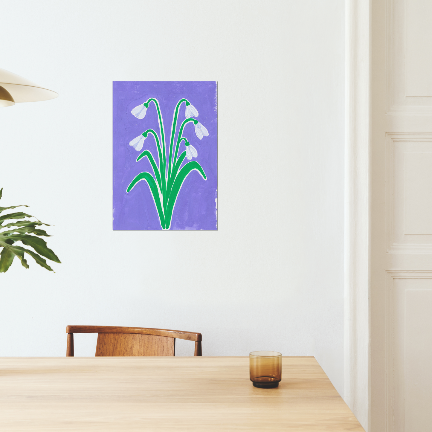 Snowdrop January birth month flower art print, showcasing intricate Snowdrop flowers on a vibrant purple background. A symbol of hope and renewal, this botanical print brings charm and freshness to your home decor.